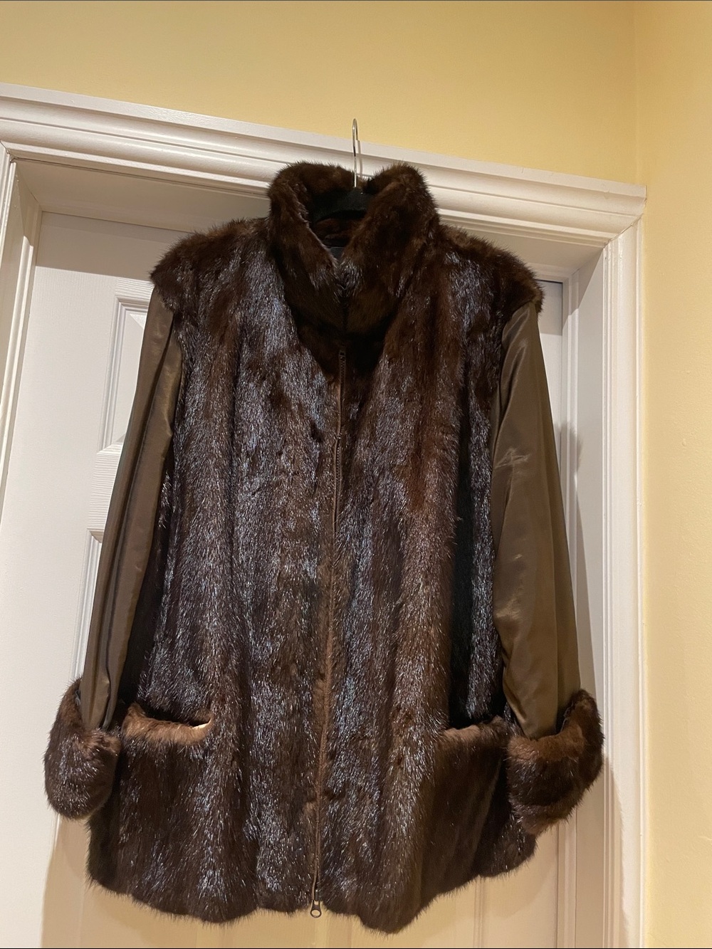 Handmade Brown Fur & Taffeta-Style Jacket Zip Front Old Hollywood Glam